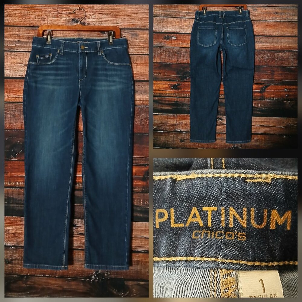 Chico's Platinum Denim Jeans Size 1 US 8 Mid Rise Ankle Straight Dark Wash